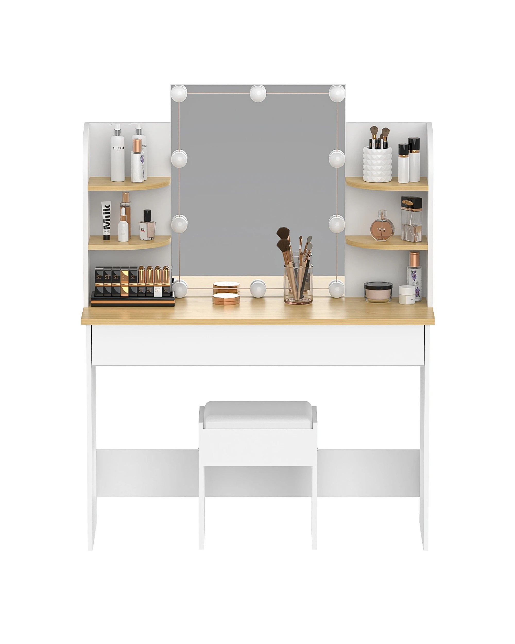 9 Advwin Dressing Table Stool Led Bulbs Makeup Mirror Vanity Desk With Open Shelves And Drawers Dresser - White, 9 of 10