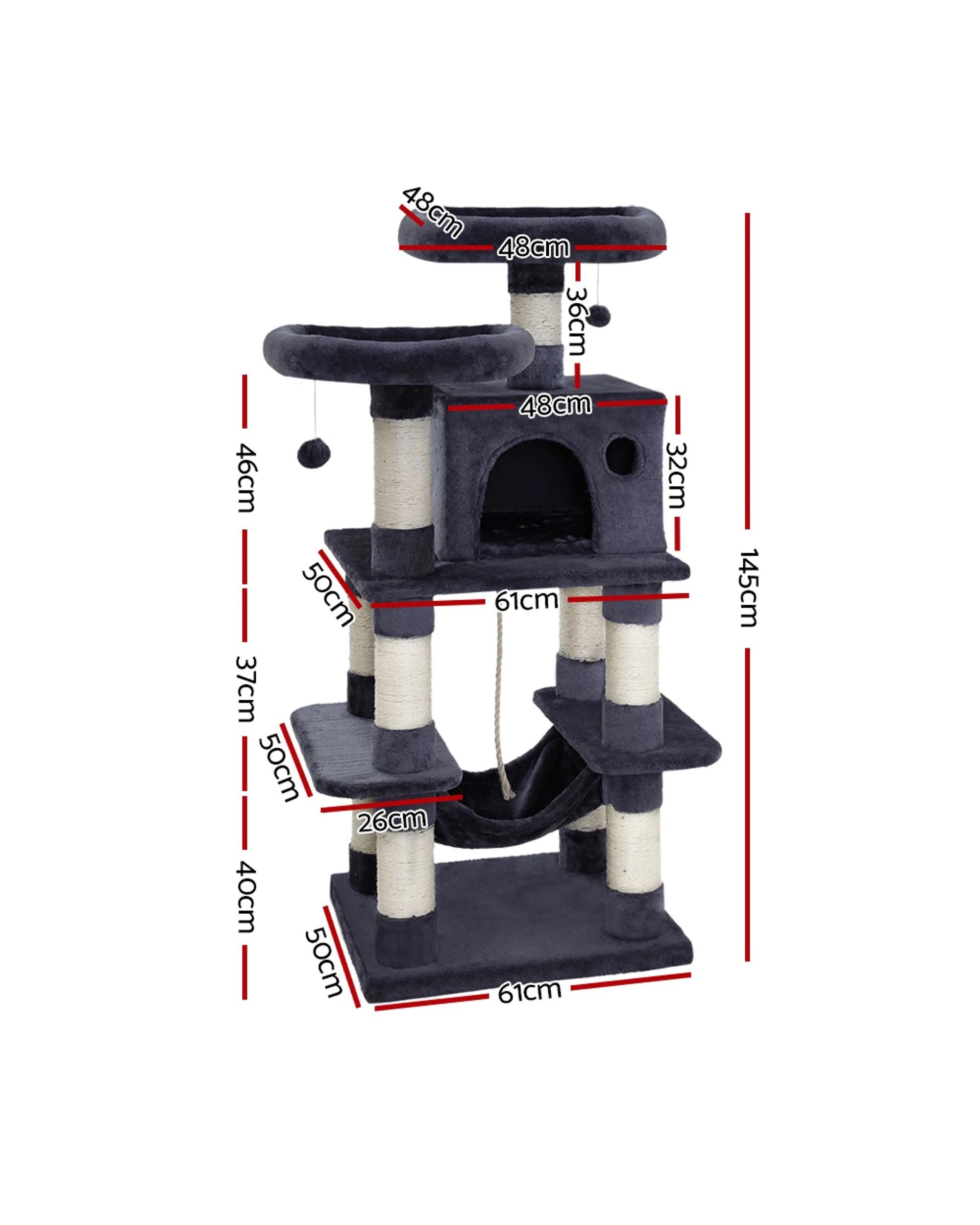 2 I.pet Cat Tree 145cm Tower Scratching Post Scratcher Wood Condo House Large Bed
 - Grey, 2 of 6