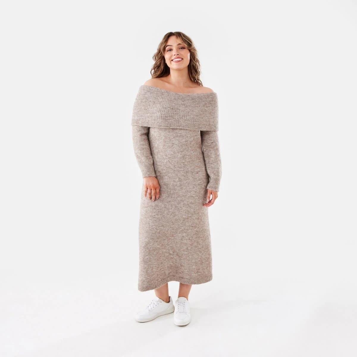 1 Long Sleeve Off Shoulder Knit Midi Dress Taupe Mrl, 1 of 5