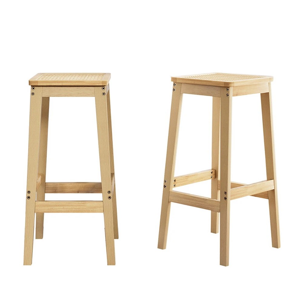 1 Artiss 2x Bar Stools Rubber Wood Stool Counter Chair Rattan Barstools Kitchen - Natural, 1 of 5