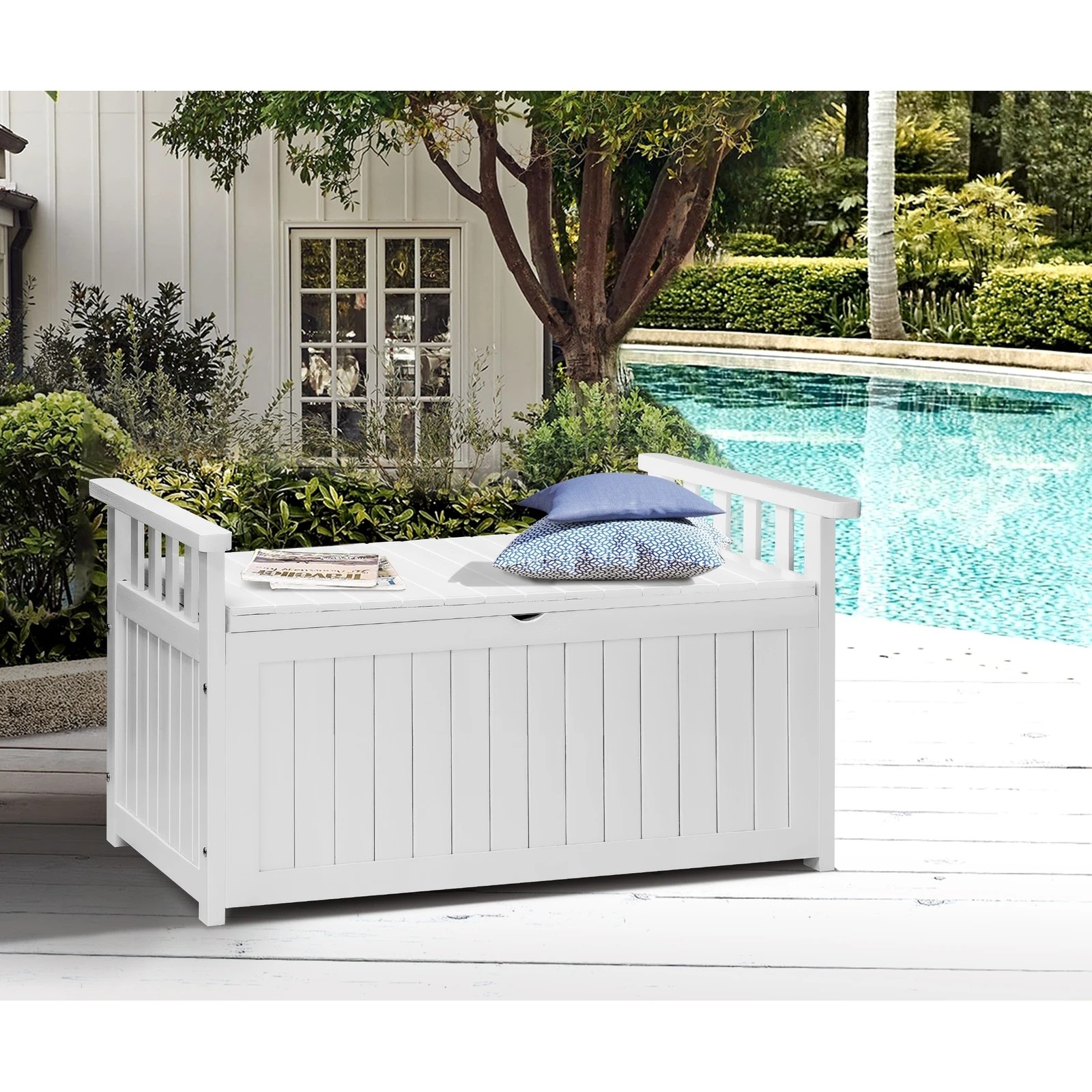 4 Livsip Outdoor Storage Box Wooden Garden Bench Chest Tool Container L - White, 4 of 7