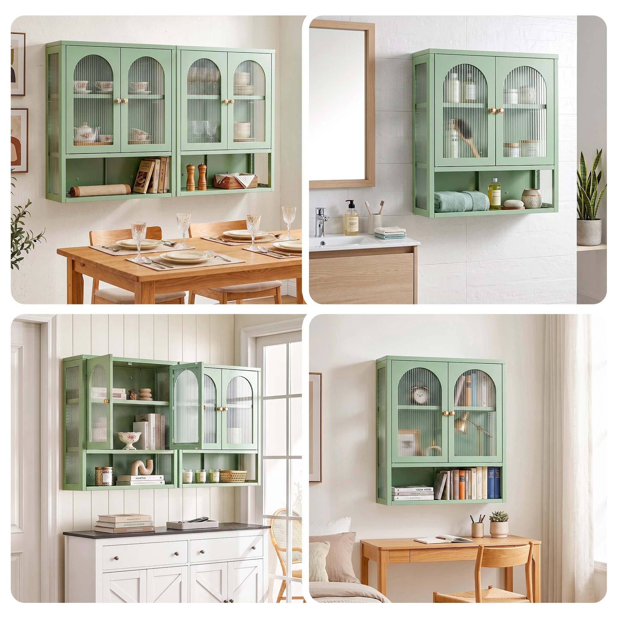 9 Artiss Buffet Cabinet Sideboards X2 Wall Mounted Fluted - Green, 9 of 10