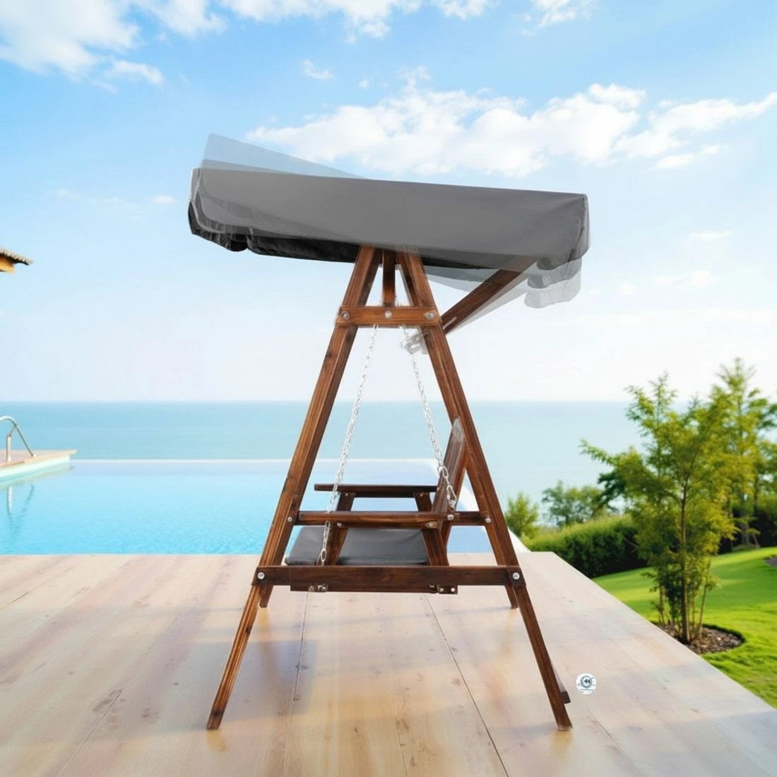 5 Gardeon Outdoor Wooden Swing Chair Garden Bench Canopy Cushion 2 Seater - Charcoal, 5 of 6