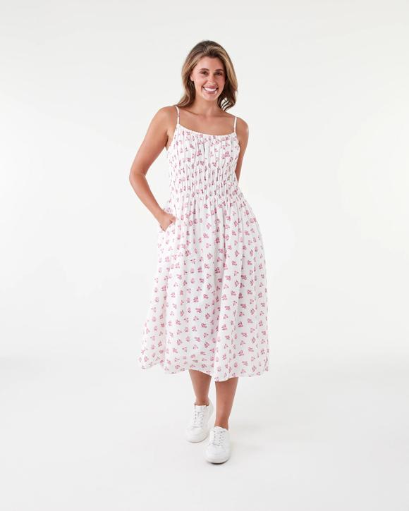 Sleeveless Strappy Shirred Midi Dress