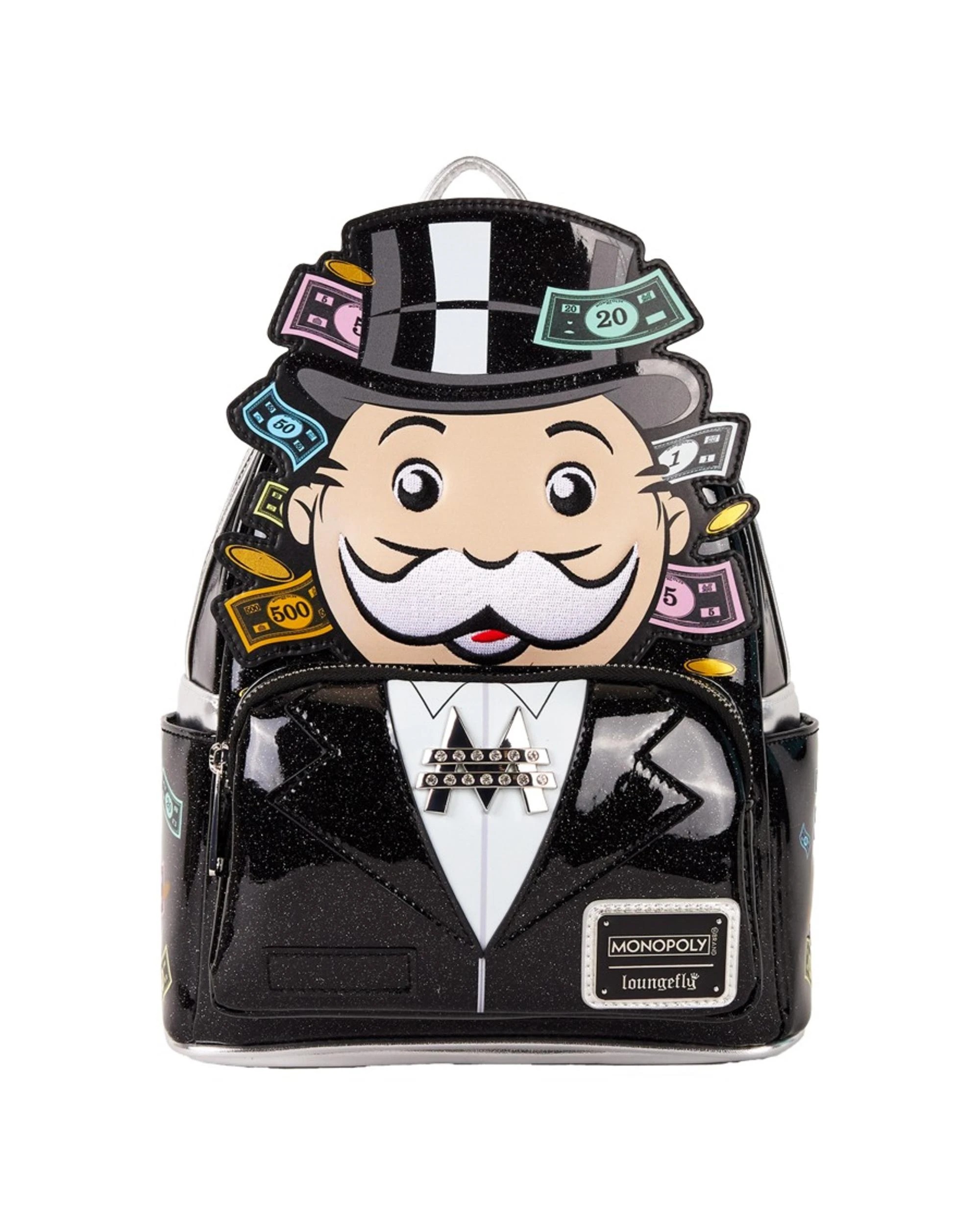 1 Monopoly 90th Anniversary Pennybags Glitter Cosplay 10 inch Faux Leather Mini Backpack - Black, 1 of 6