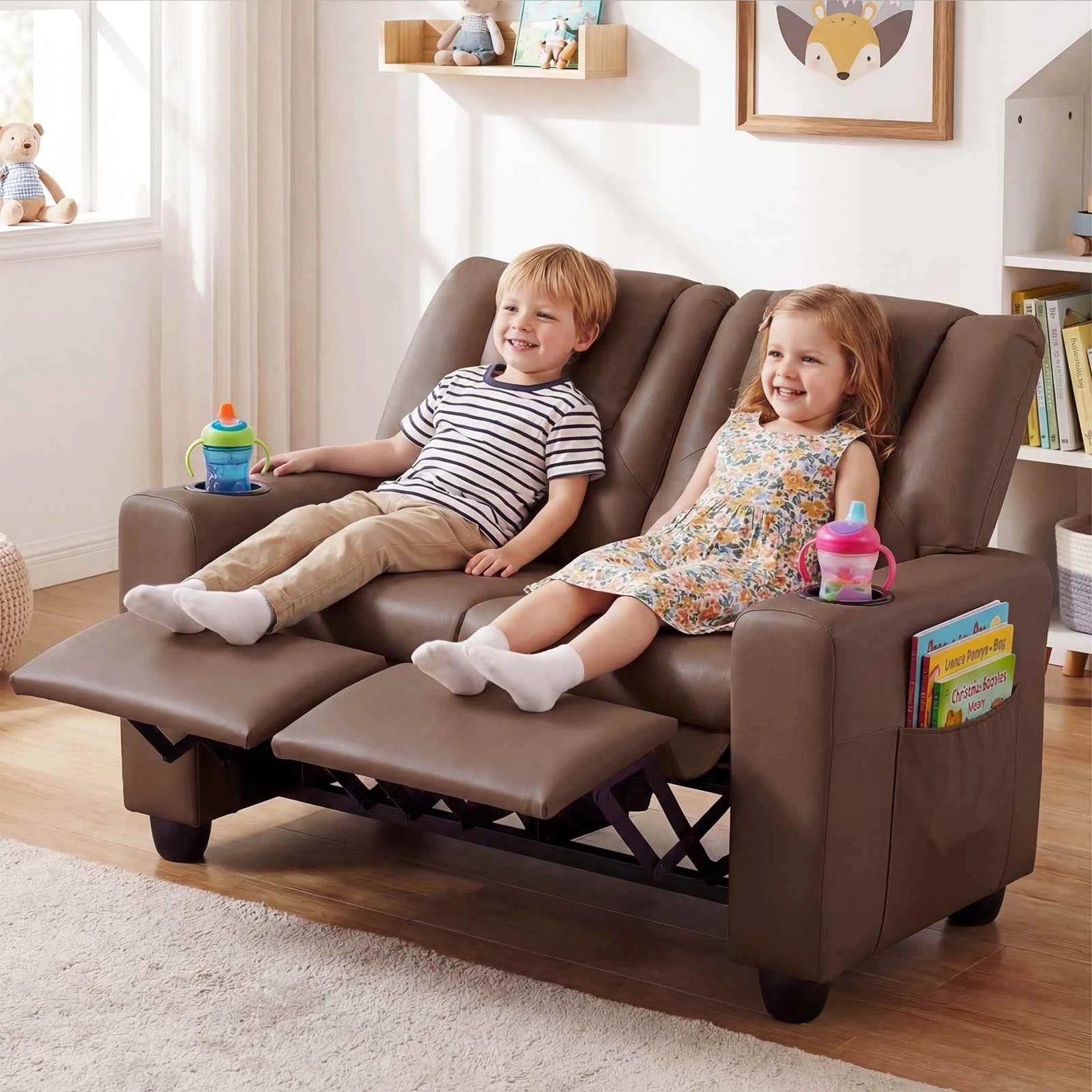3 Costway 2-Seater Recliner Chair Double Sofa Adjustable Couch PU Leather - Brown, 3 of 3