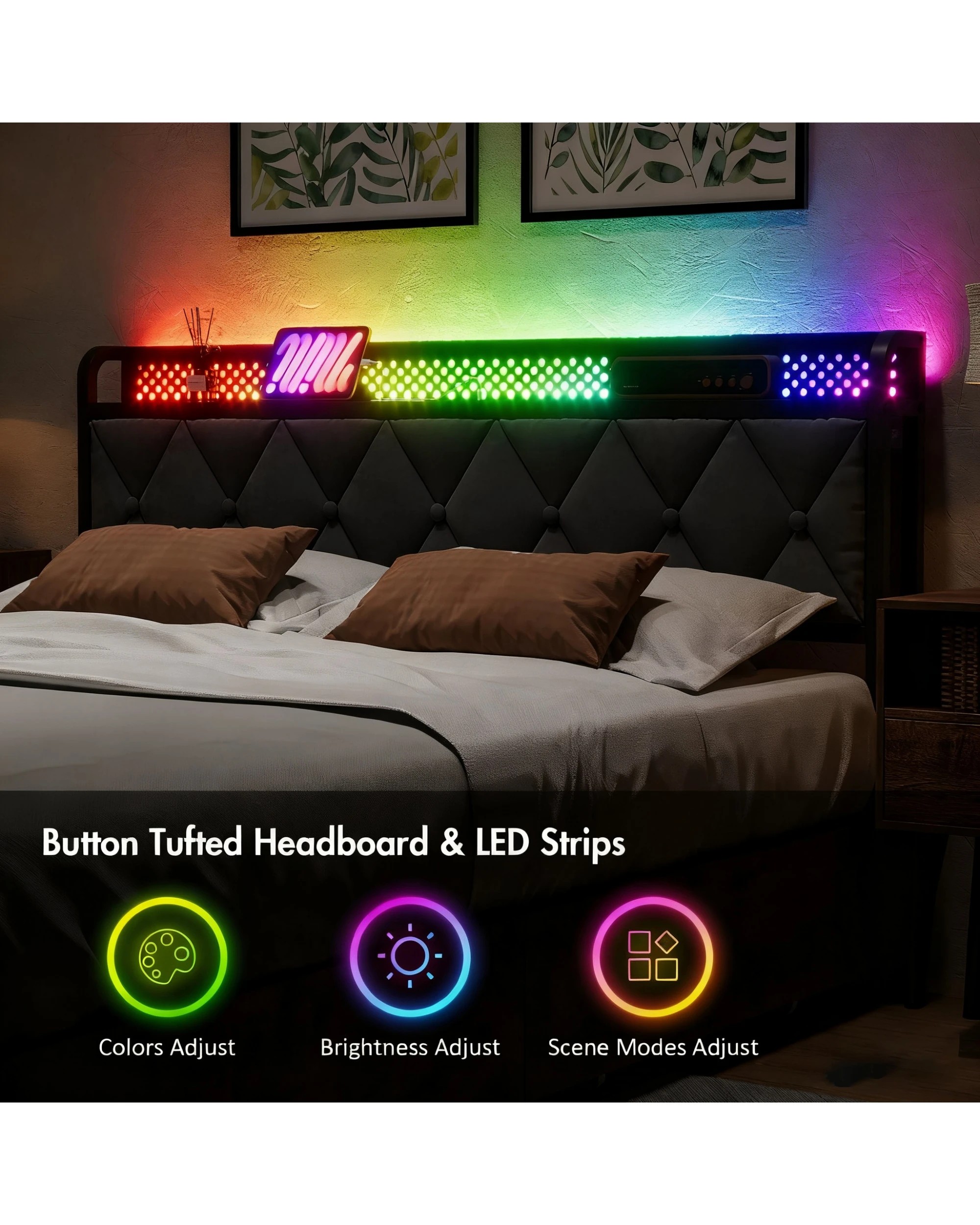 6 Advwin Double Bed Frame With Rgb Led Lights And Charging Station Storage Headboard Shelf, 6 of 7