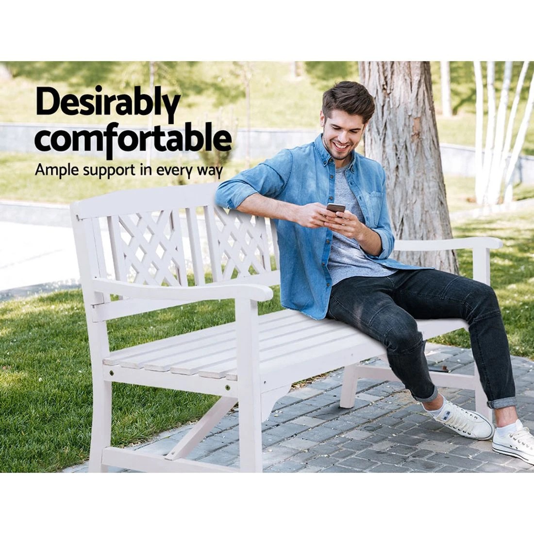 4 Gardeon Outdoor Garden Bench Wooden Chair 3 Seat Patio Furniture Lounge - White, 4 of 8