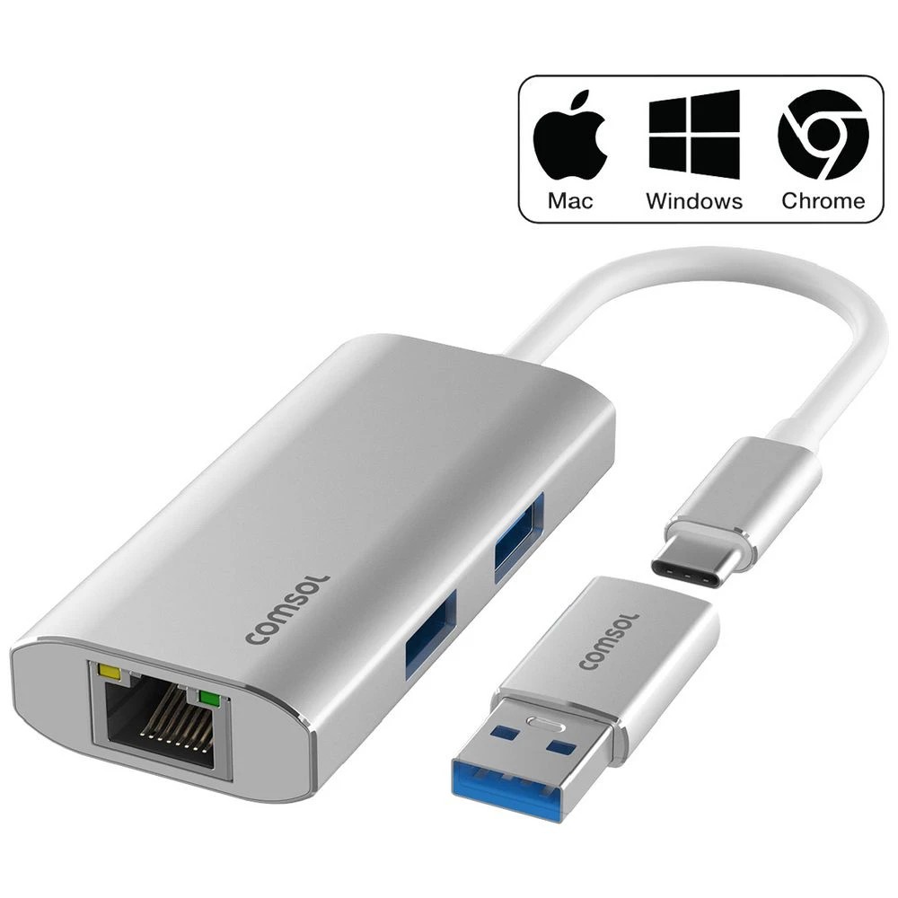 1 Comsol Ethernet 3-Port USB-C Hub Silver, 1 of 6