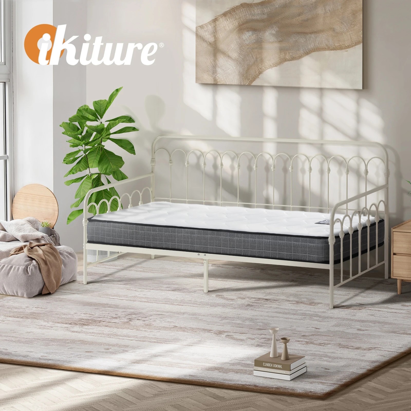 8 Oikiture Metal Daybed Frame Single Size Sofa Bed Support with Mattress - Beige, 8 of 10