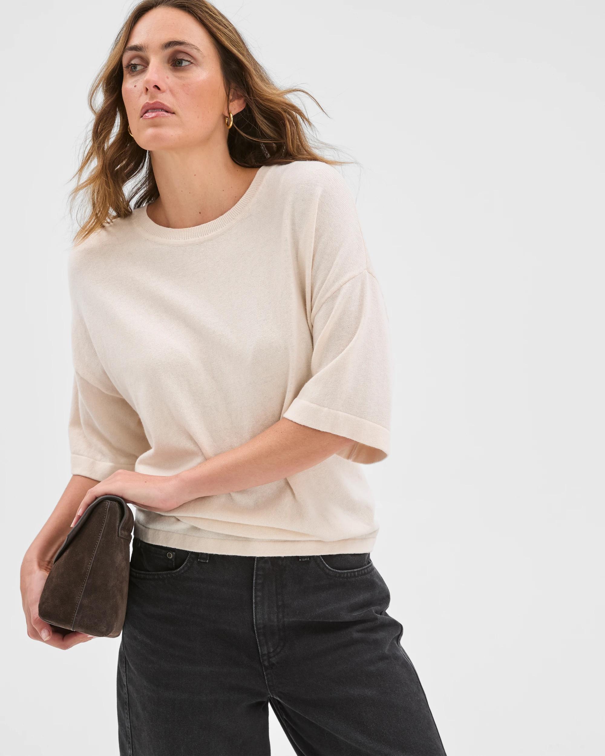 2 Target Woman Cotton Cashmere Crew Neck Knit T-Shirt PEARL, 2 of 6