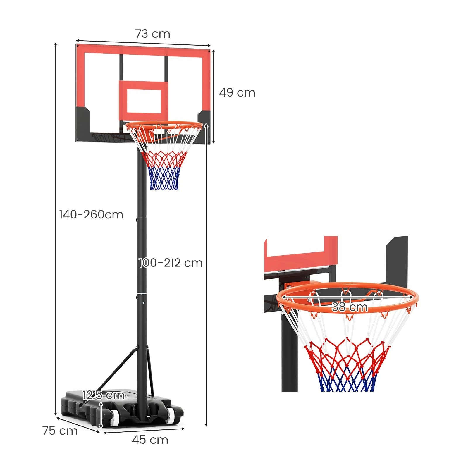 7 Costway 1.4-2.6m Portable Basketball Hoop Stand System w/Shatterproof PC Backboard - Red, 7 of 7