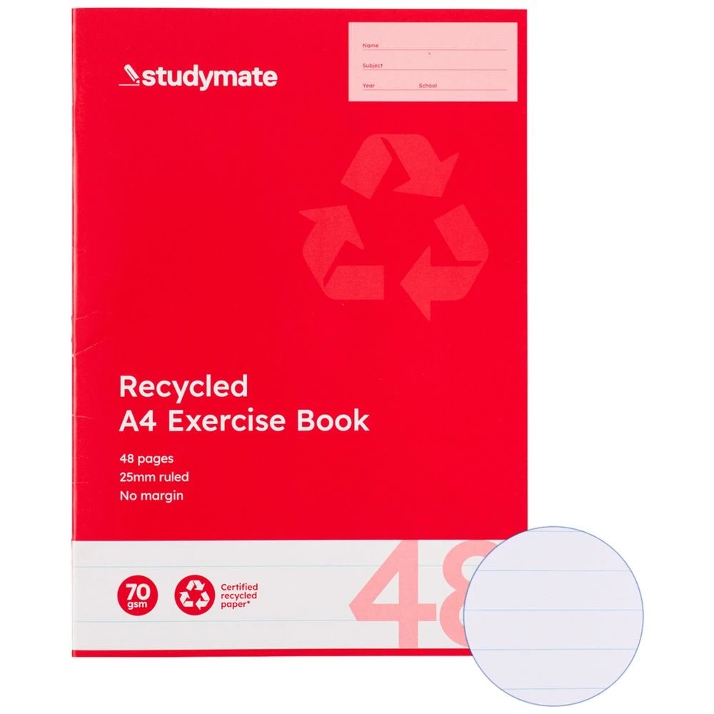 1 Studymate A4 Recycled 70gsm 25mm Ruled Exercise Book 48 Page, 1 of 3