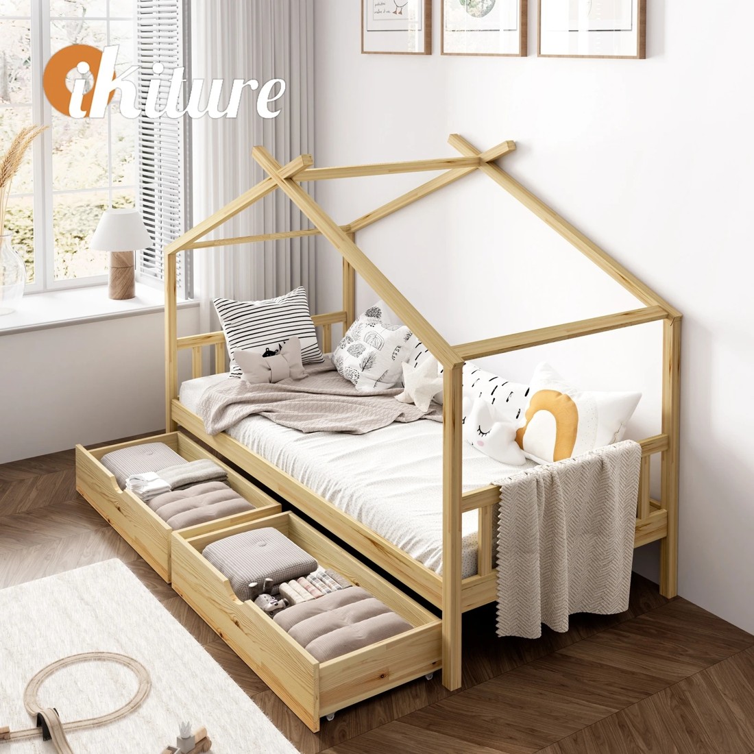 6 Oikiture Bed Frame Wooden Single Size Timber House Frame  With Storage Drawers
 - Natural, 6 of 10