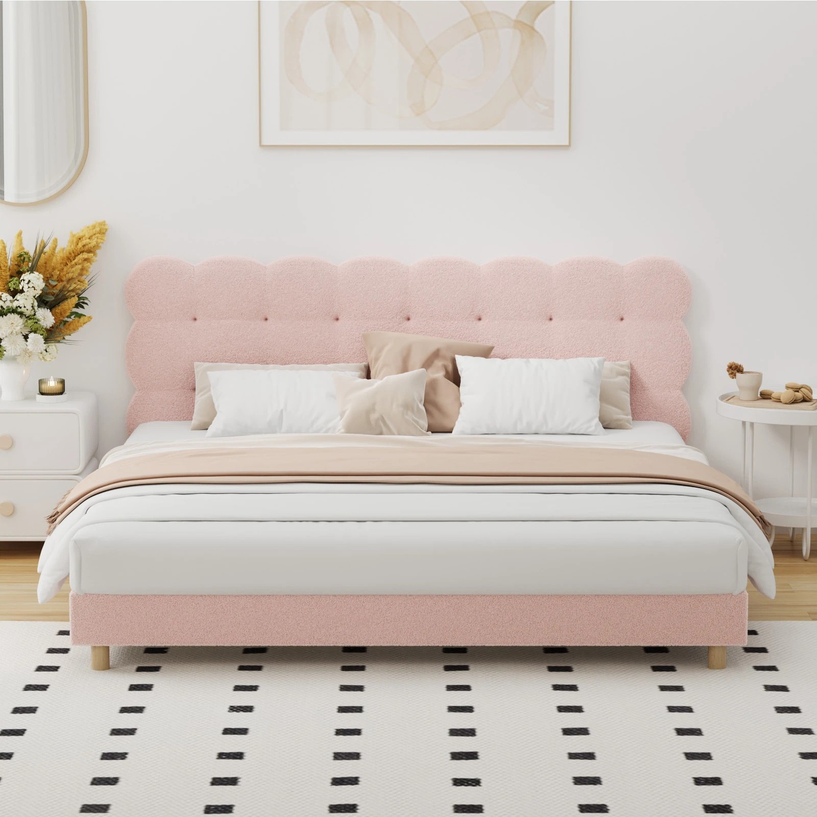 3 Oikiture Bed Frame King Size Tufted Bedhead Boucle Fabric - Pink, 3 of 9