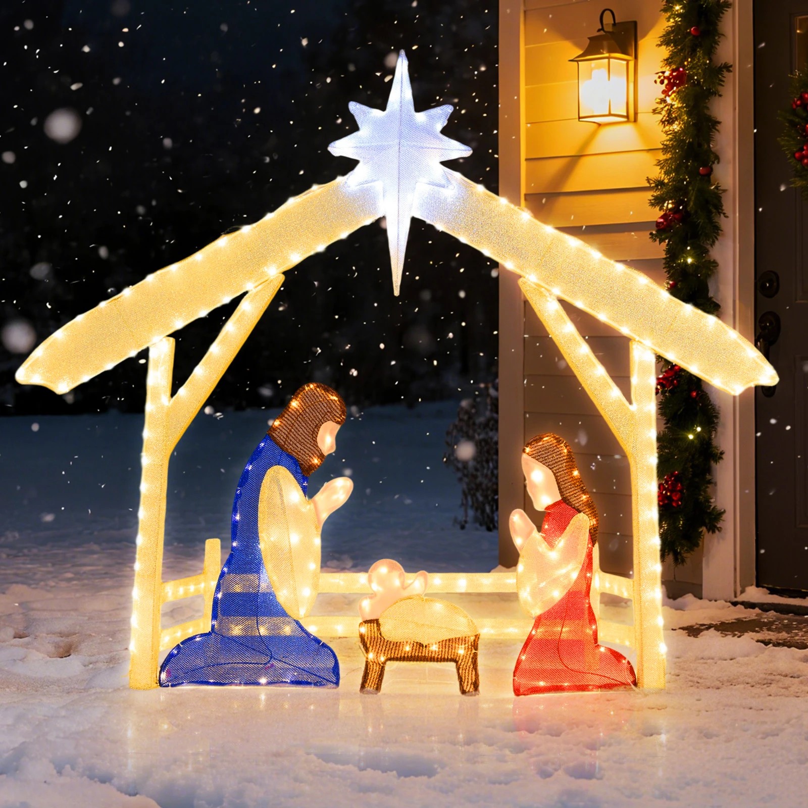 Costway 121cm Christmas Lighted Nativity Scene Pre-lit Holy Family Set ...