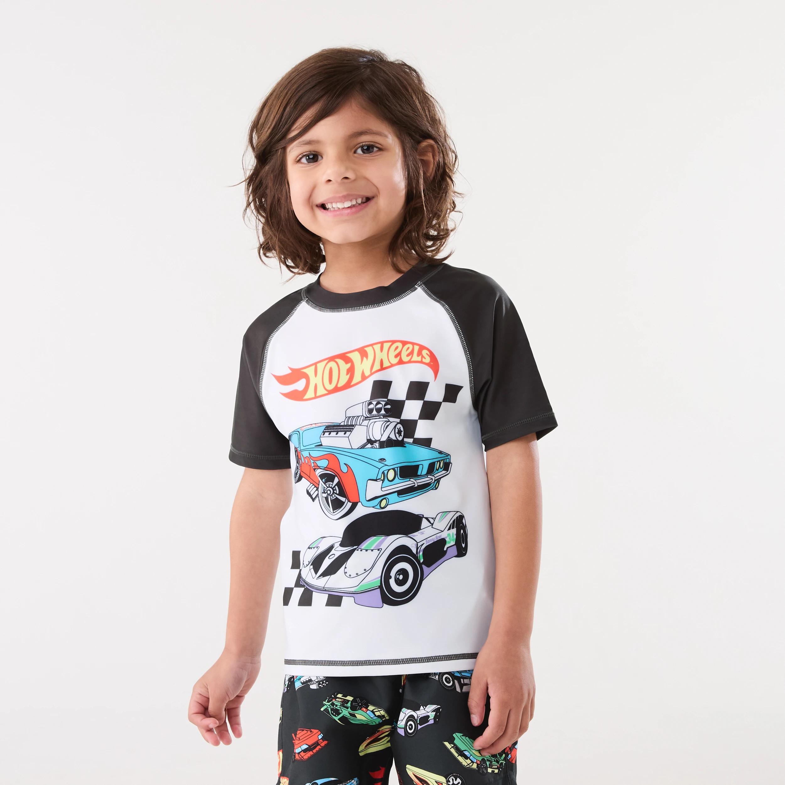1 Hot Wheels License Short Sleeve Rash Vest HOT WHEELS RAGLAN PRINT SWIM, 1 of 6