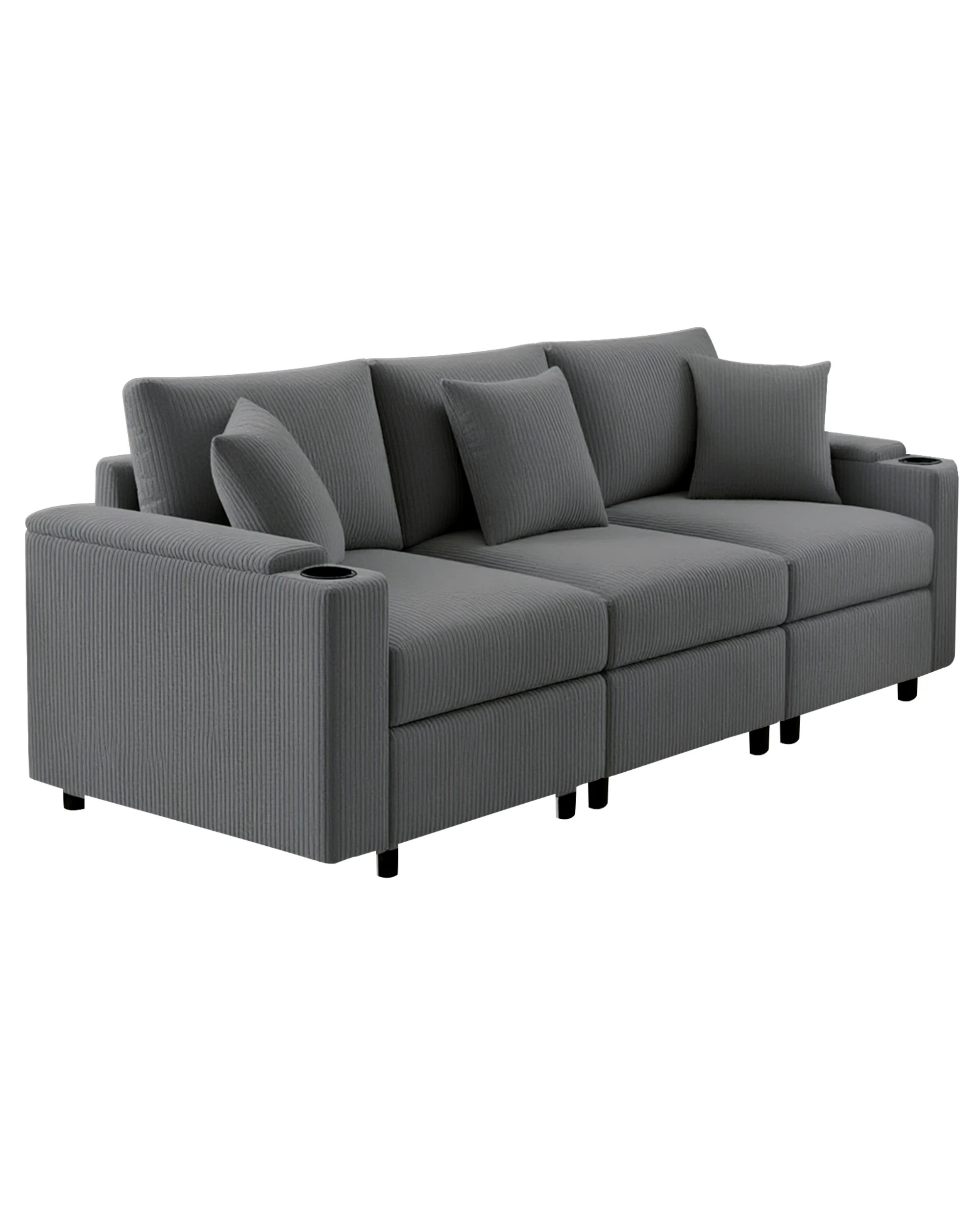 4 Advwin Sofa 256cm Corduroy Modular Couch with Storage Armrests and  Cup Holder - Grey, 4 of 10