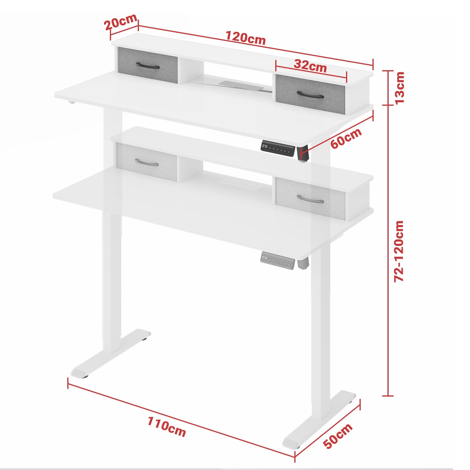 2 Advwin Electric Standing Desk Adjustable Height with Monitor Stand and 2 Drawers - White, 2 of 5