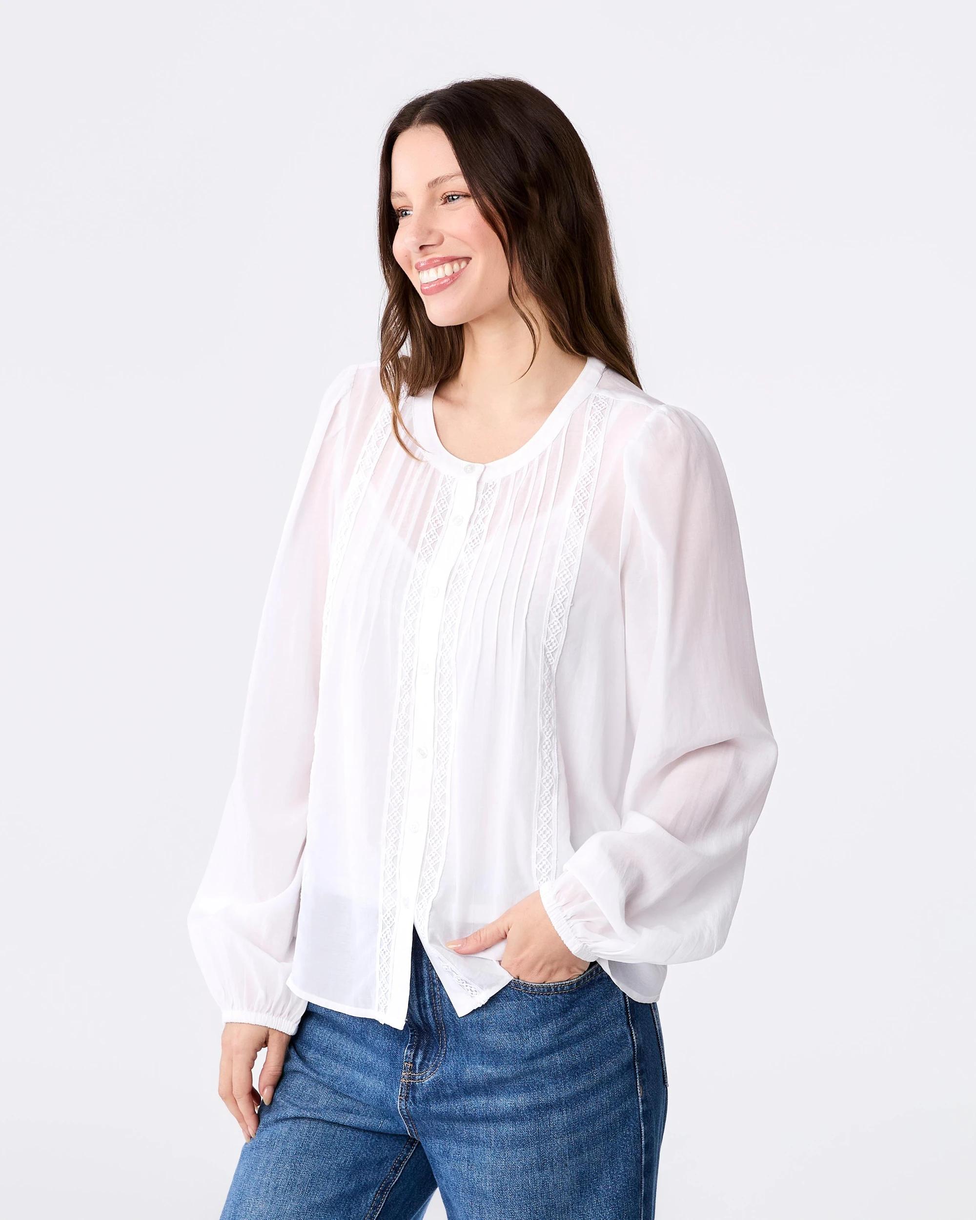 2 Long Sleeve Lace Trim Boho Top White, 2 of 5