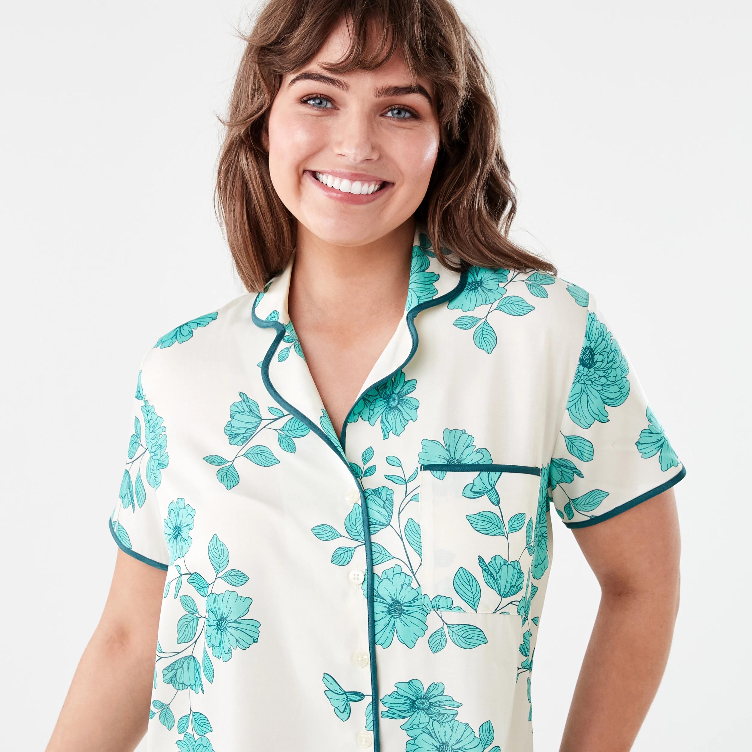 4 Short Sleeve Top and Shorts Matte Satin Pyjama Set GREEN FLORAL DEEP MINT, 4 of 8