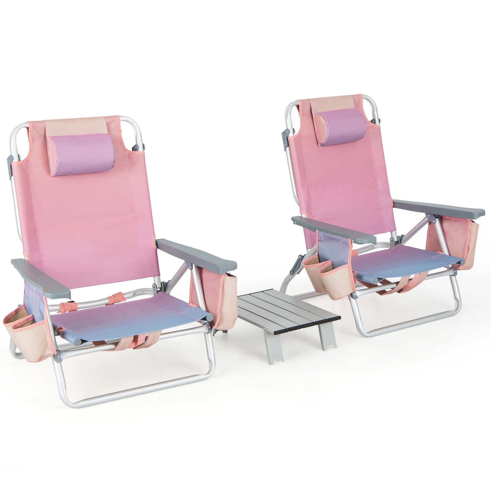 1 Costway 3 PCS Outdoor Bench Chair Set w/Aluminum Table Portable Beach Chair Set Pink Purple Gradient, 1 of 1