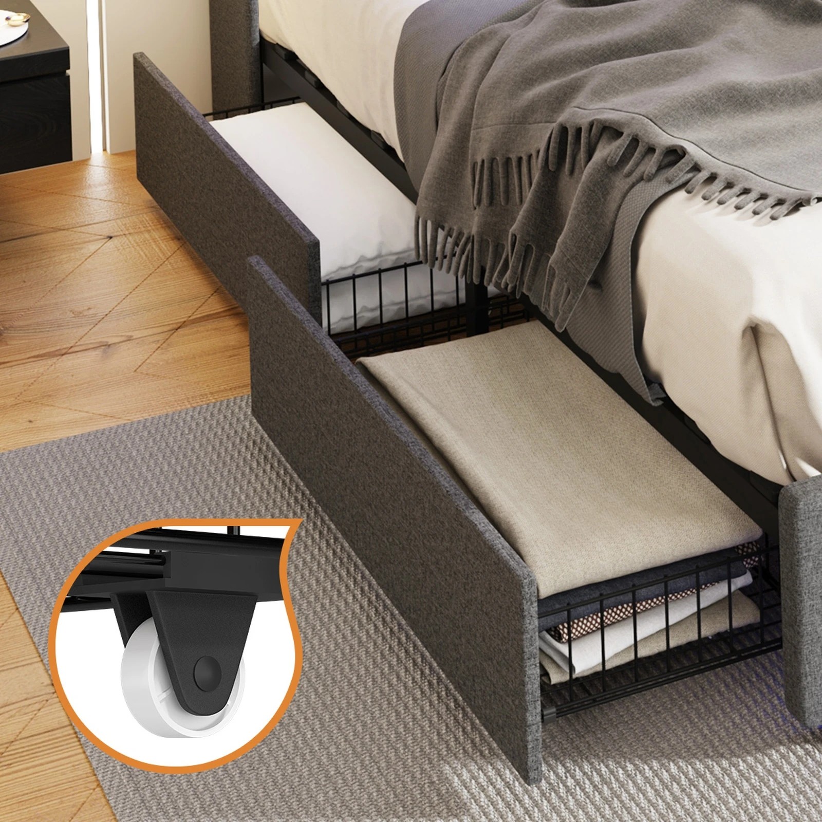 4 Oikiture 2x Trundle Drawers for Bed Frame with Wheels Metal - Grey - Grey, 4 of 9