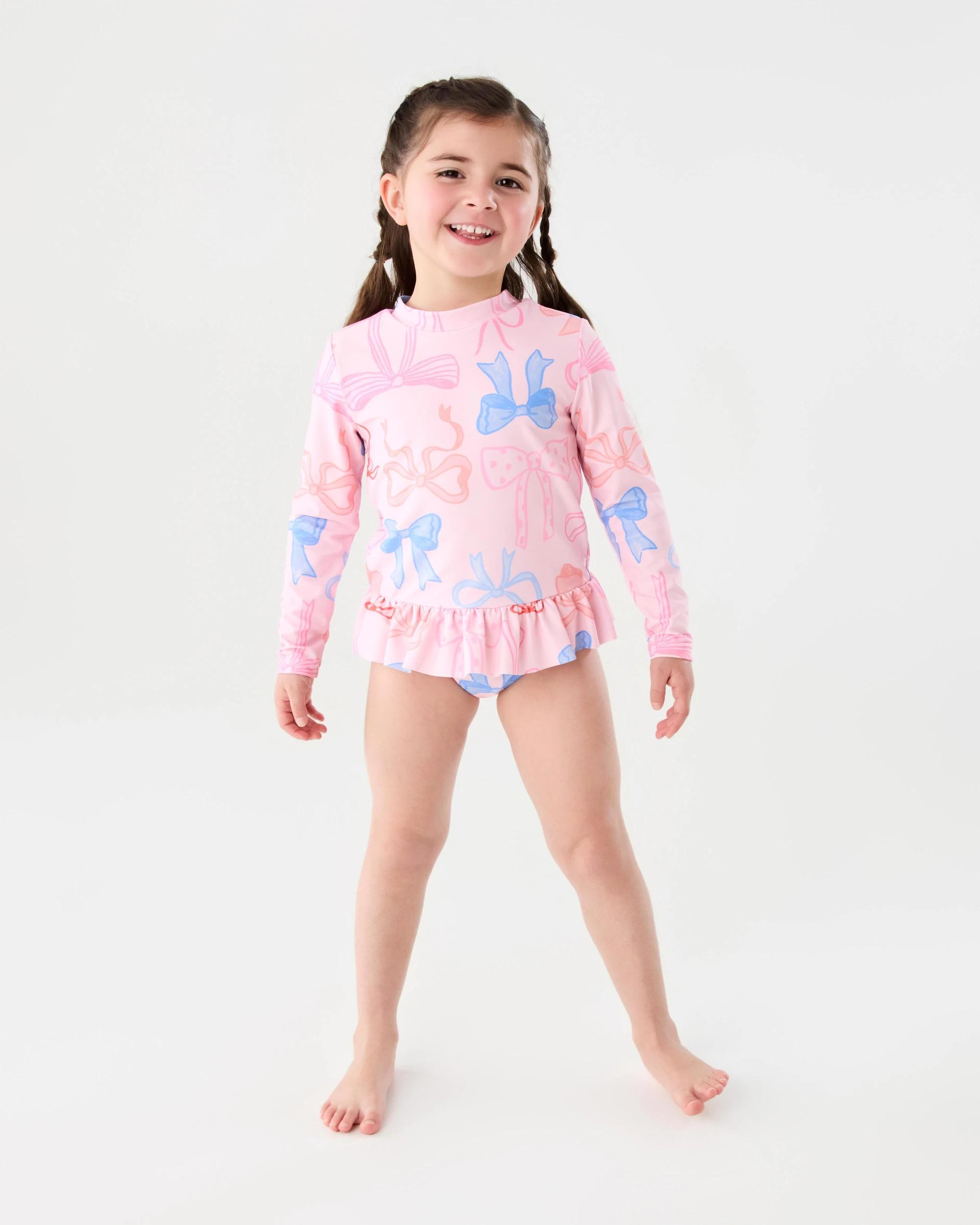 6 2 Piece Long Sleeve Rash Swim Set Pink Bows, 6 of 6