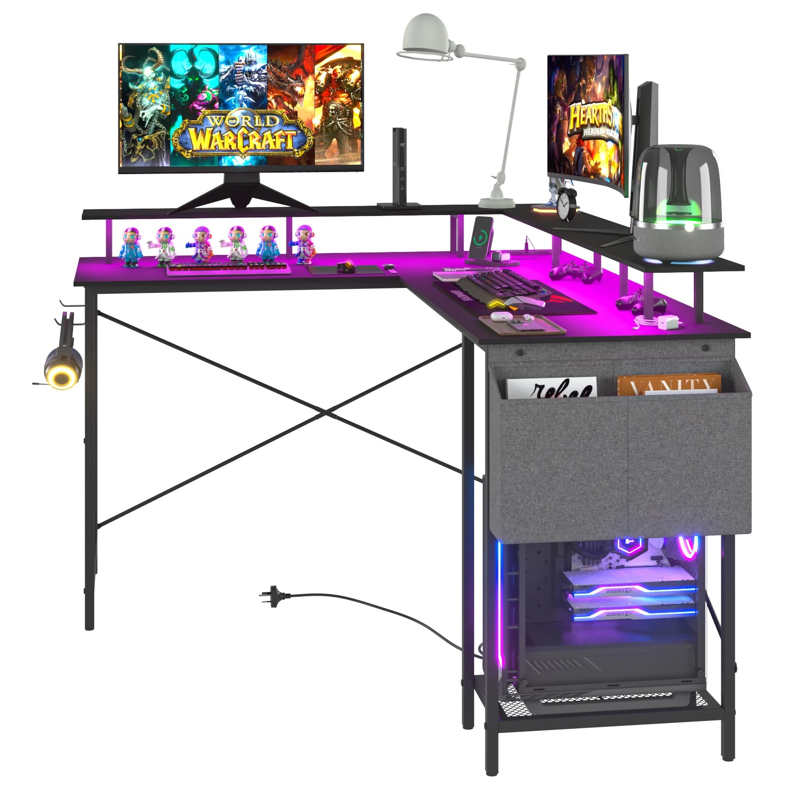 5 Advwin L Shaped Computer Gaming Desk With Led Lights & Power Outlets Black, 5 of 9