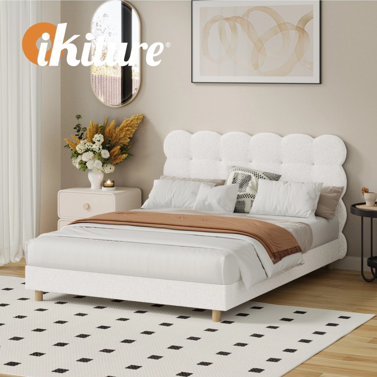 5 Oikiture Double Bed Tufted Bedhead Boucle Bed Frame
 - White, 5 of 10