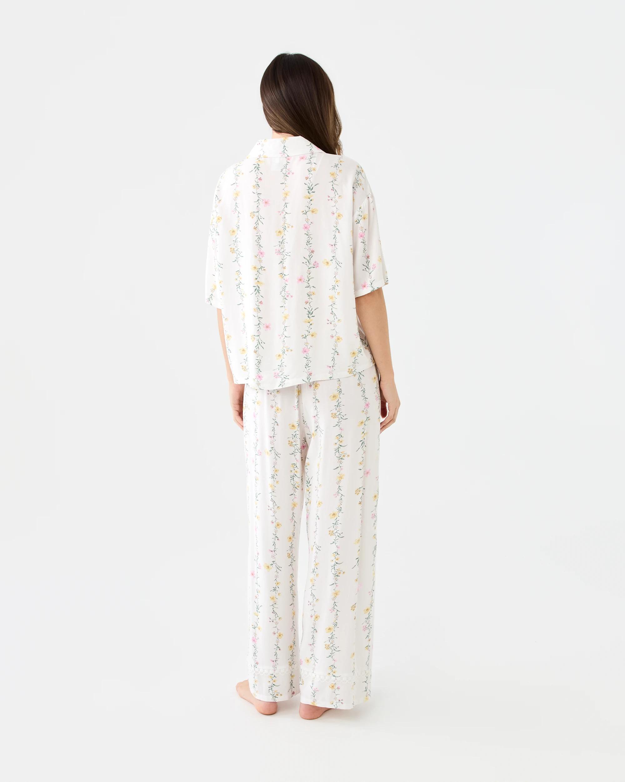 3 Viscose Lace Trim Short Sleeve Top and Pants Pyjama Set Frl Stripe, 3 of 6