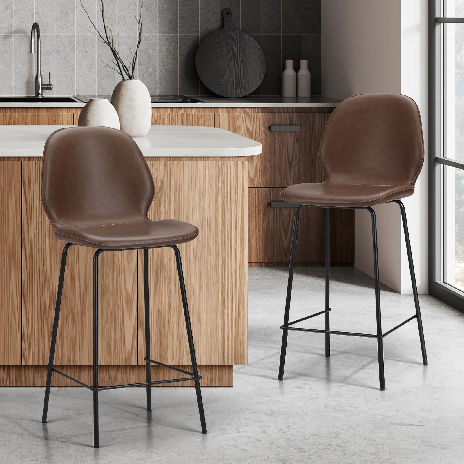 3 Oikiture 2PCS Bar Stools Kitchen Counter Chair Metal - Brown, 3 of 9
