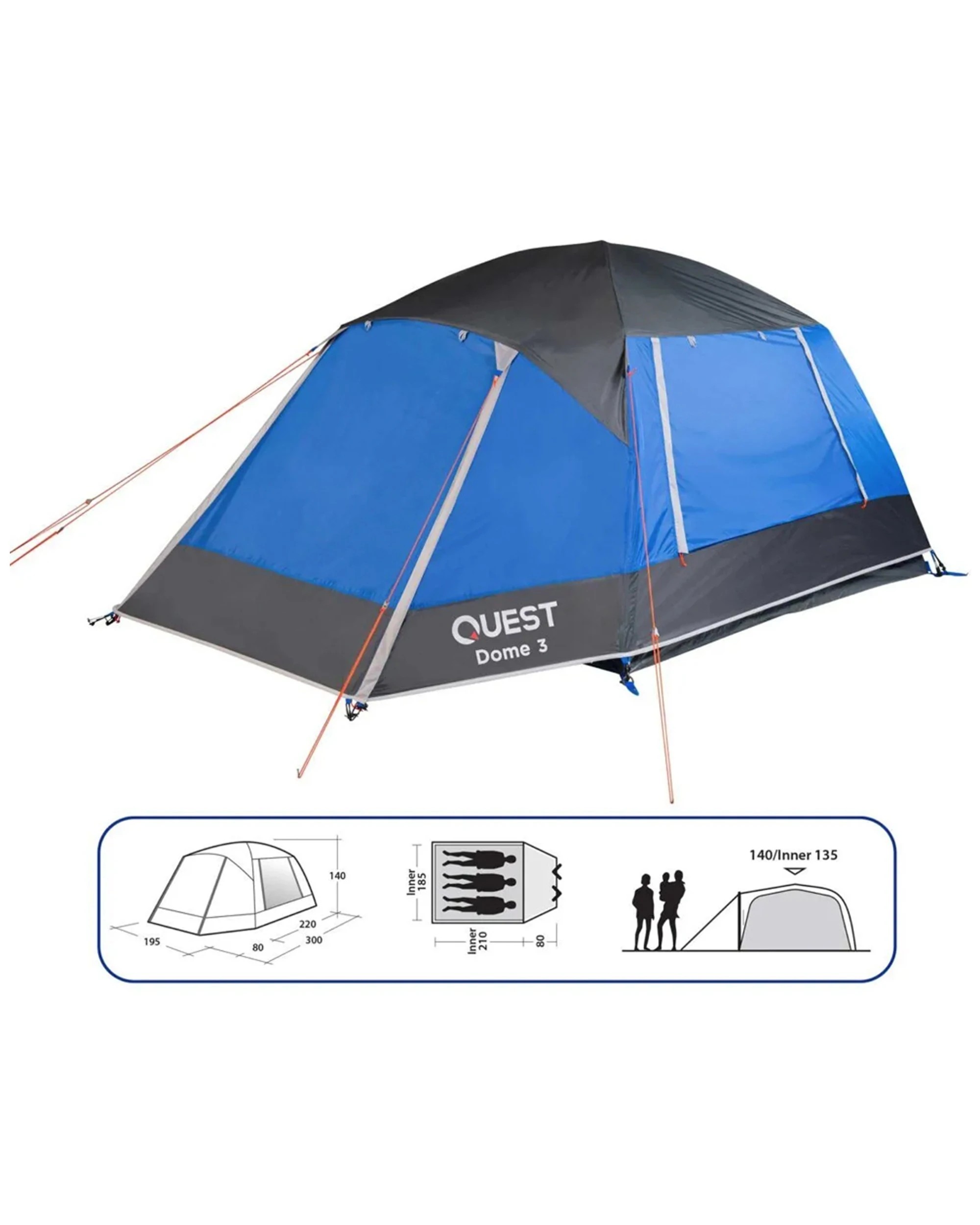 2 Quest Dome 3 Camping Tent 3 Person Waterproof With Carry Bag - Blue, 2 of 5