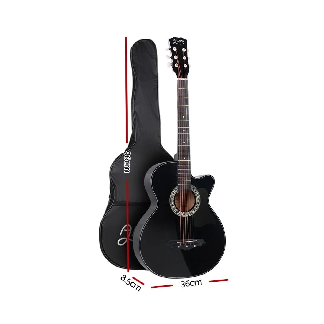 2 Alpha 38 Inch Acoustic Guitar Wooden Body Steel String Full Size Cutaway - Black, 2 of 8