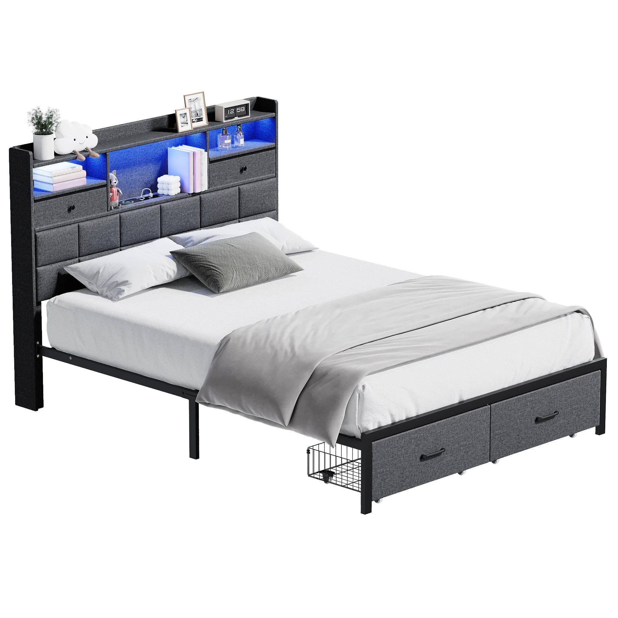 1 Advwin Double Bed Frame with RGB LED and Charging Station - Grey, 1 of 6