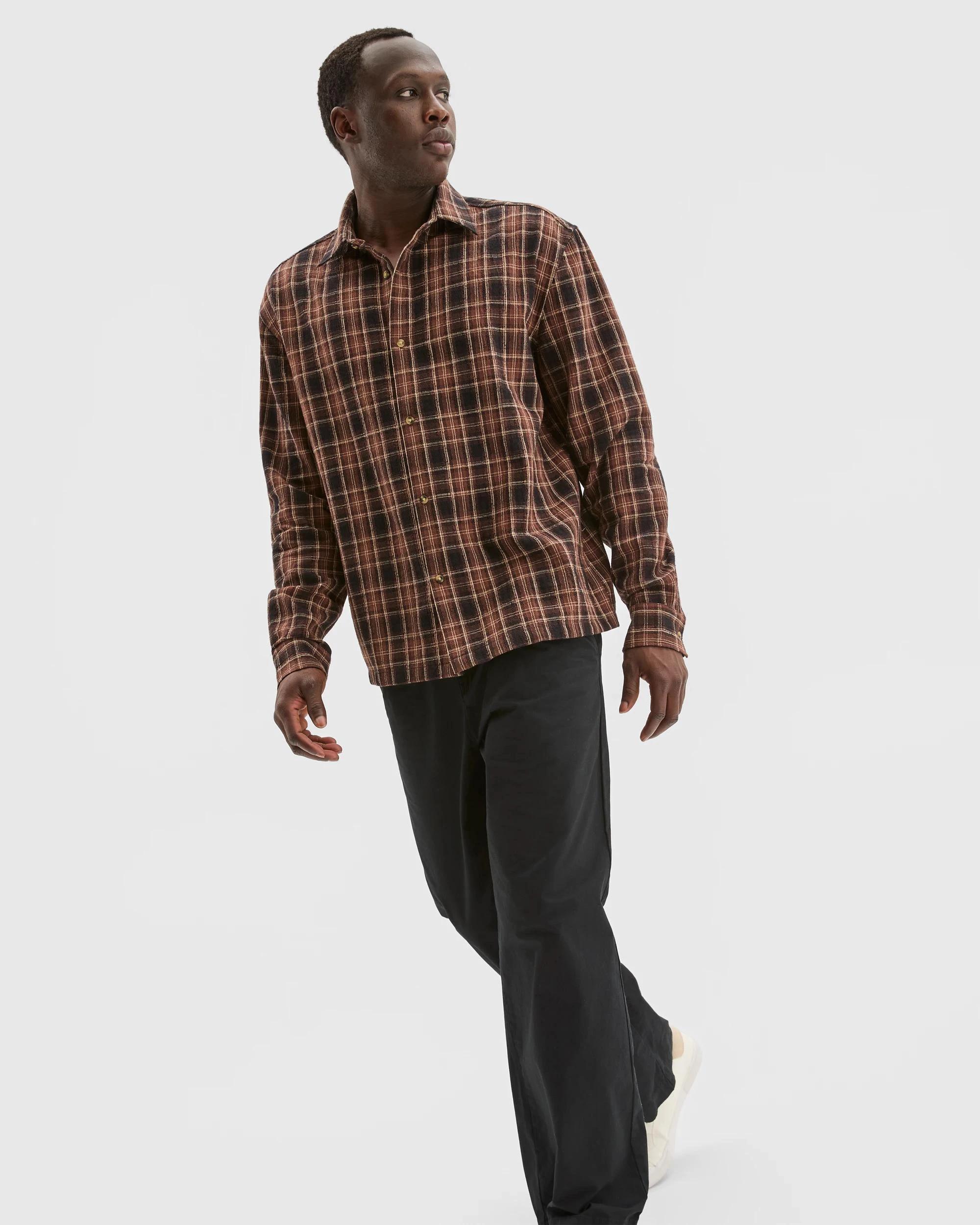 2 Commons Australian Cotton Boxy Fit Long Sleeve Textured Shirt TAN LARGE CHECK, 2 of 7