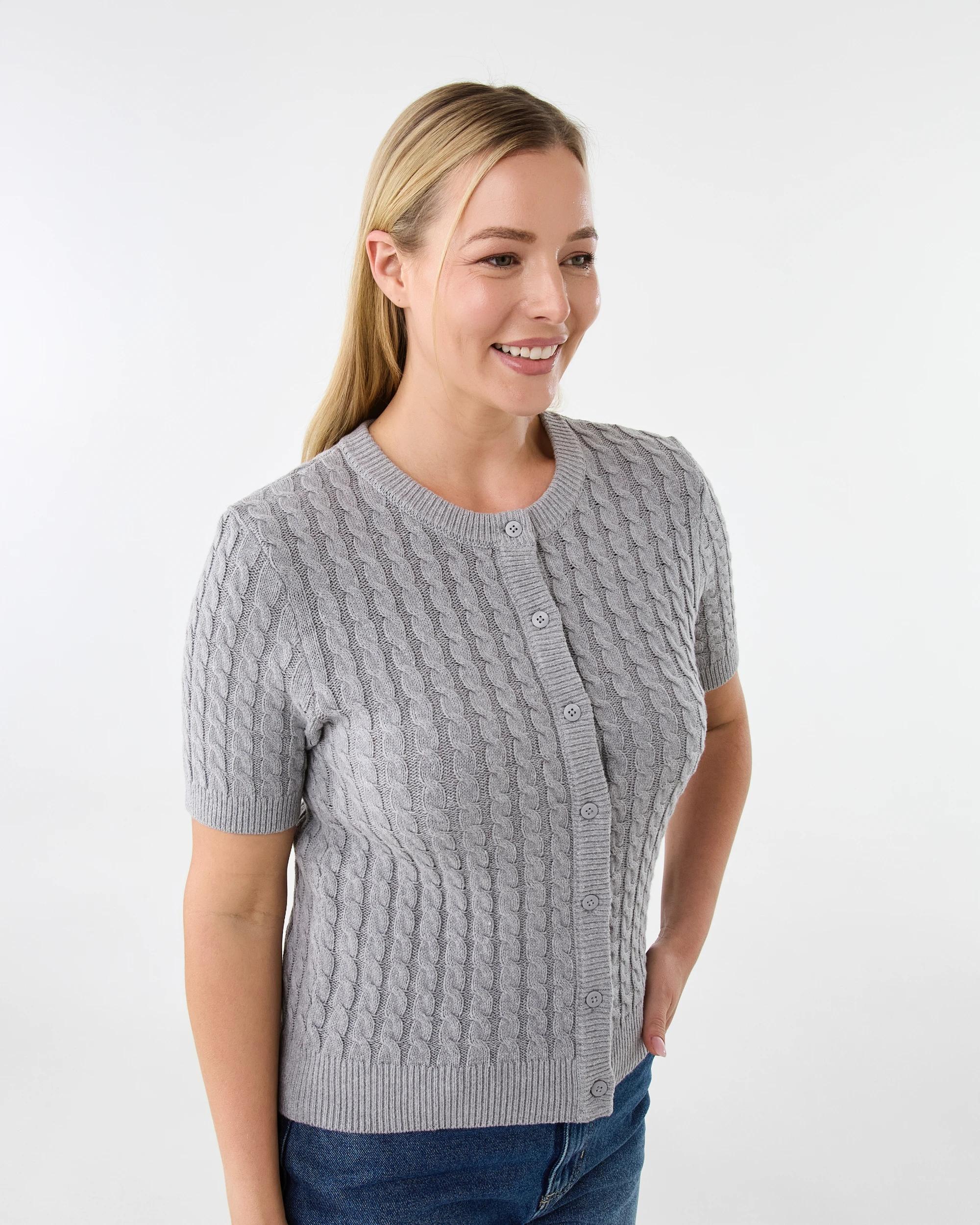 2 Short Sleeve Lightweight Cable Cardigan Grey Marle, 2 of 7