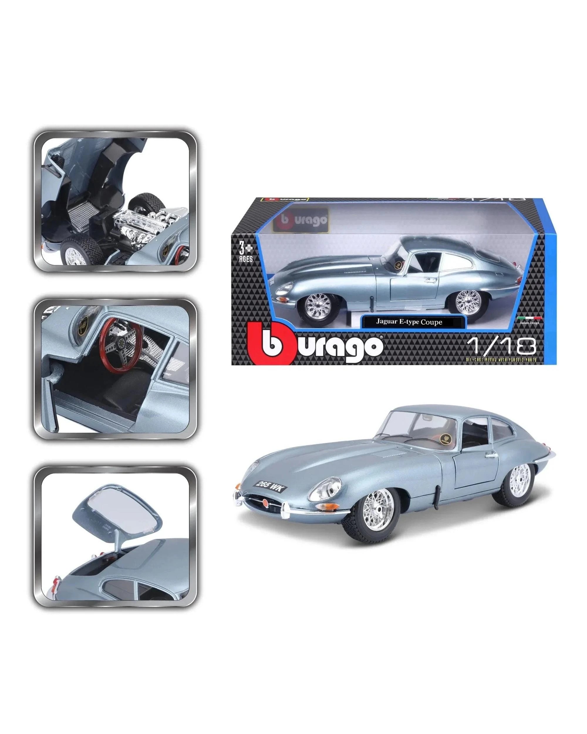 2 Bburago 1963 Jaguar E-Type Coupe Metallic Blue 1:18 Scale Diecast Vehicle, 2 of 10