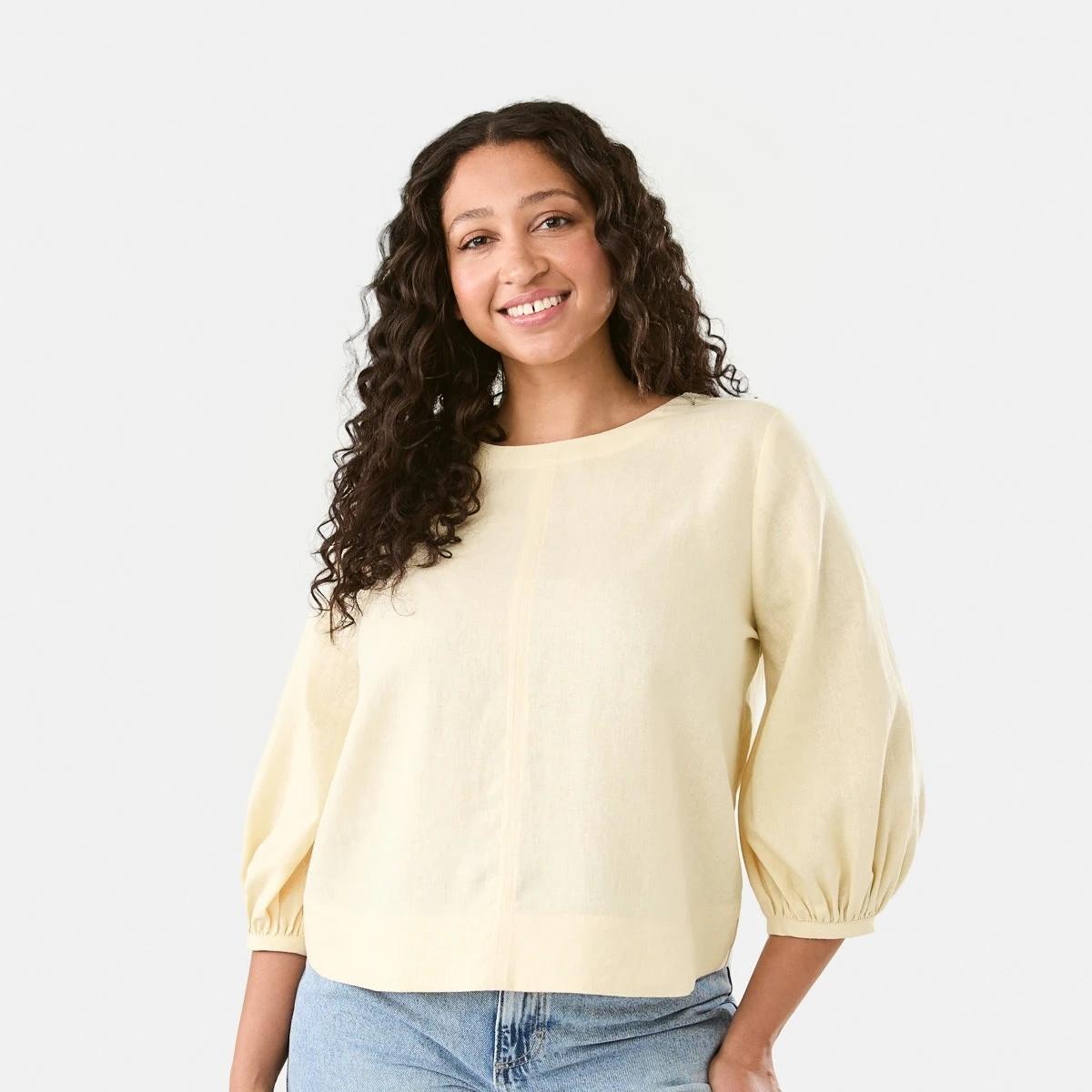 1 Long Sleeve Linen Blend Top Ylw Straw, 1 of 7