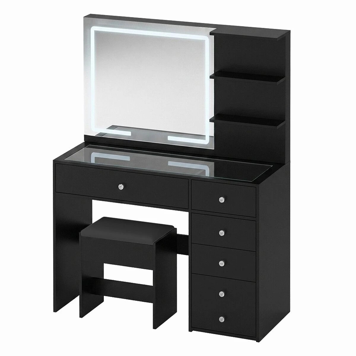 1 Ausway Dressing Table Stool Set with LED Lighted Mirror 3 Lighting Colours Drawers Shelves Glass Tabletop, 1 of 6