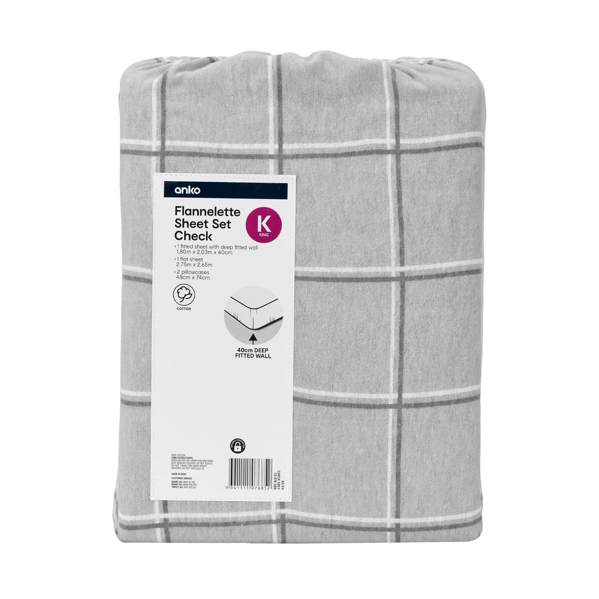 7 Check Flannelette Cotton Sheet Set - King Bed, Grey, 7 of 7