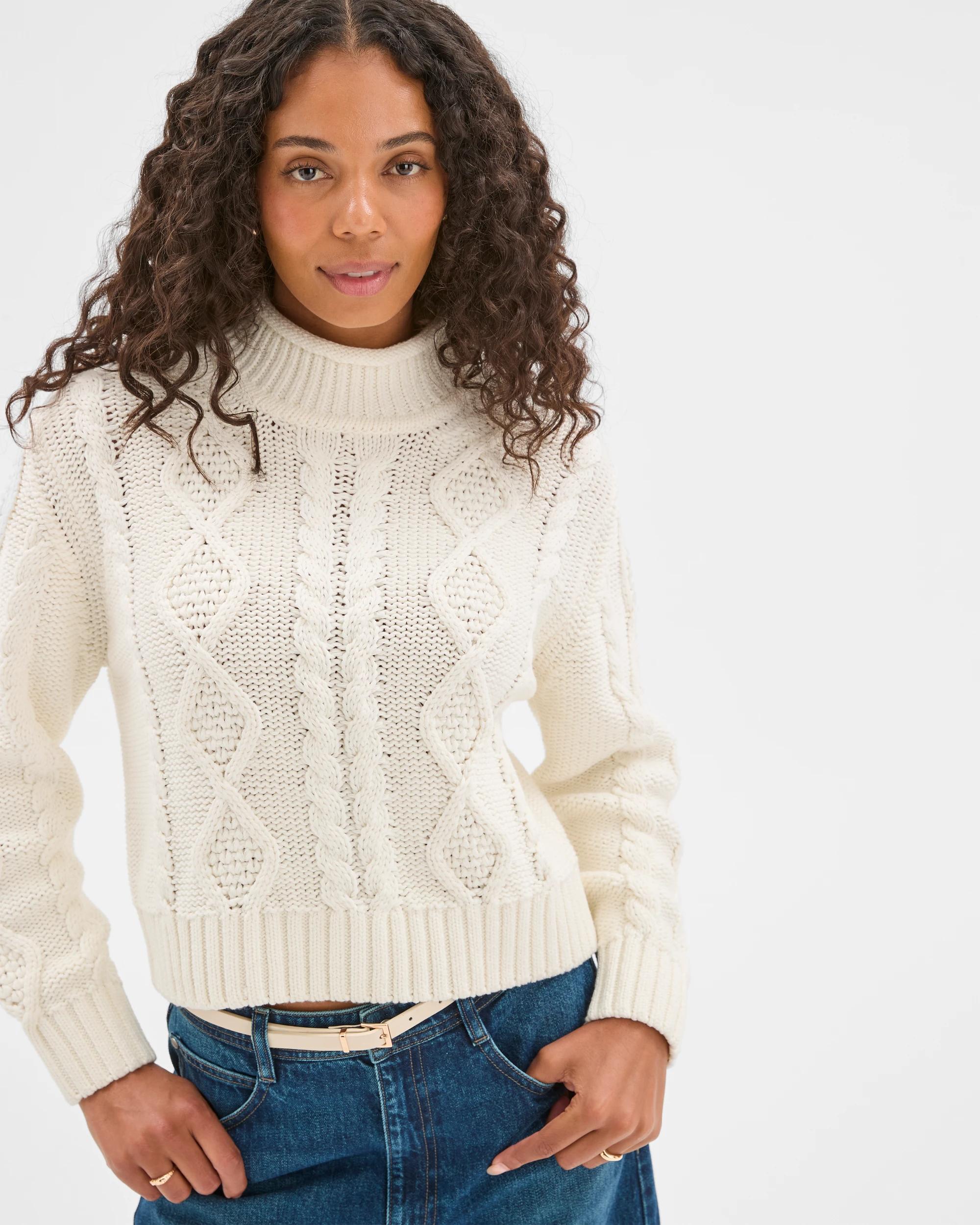 4 Target Woman Australian Cotton Blend Roll Neck Cable Knit Jumper CLOUD DANCER, 4 of 7