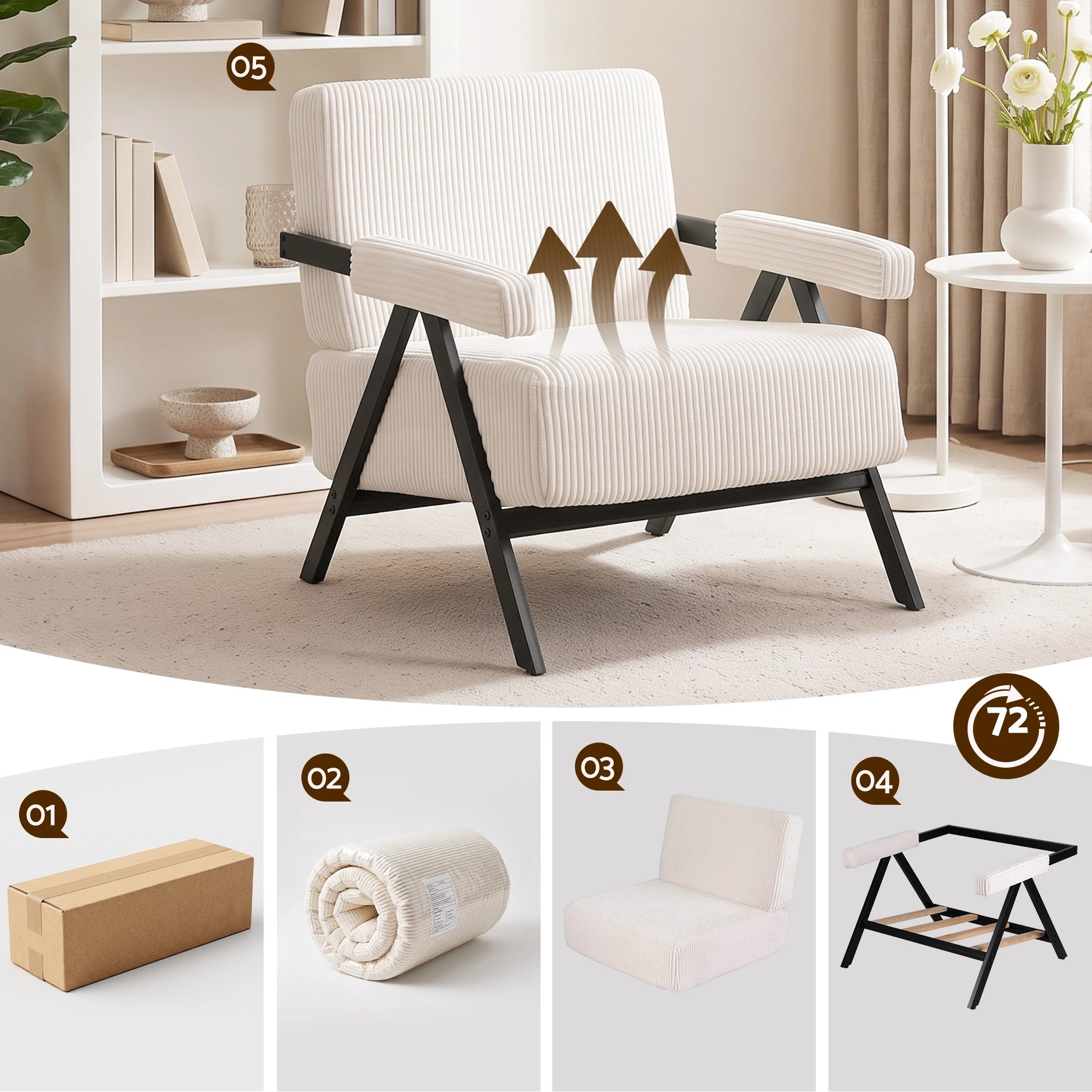 5 Artiss Compressed Armchair White Corduroy Accent Chair for Small Space - White, 5 of 7
