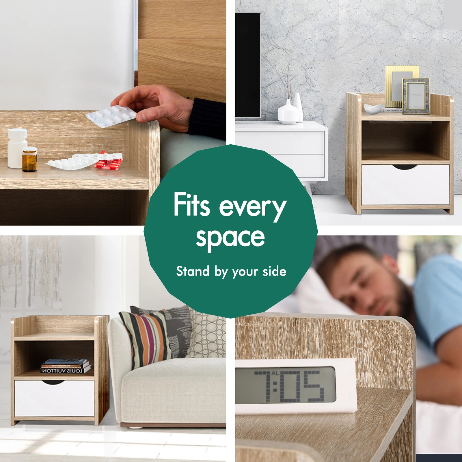 7 Alfordson 2x Bedside Table Nightstand Storage 1 Drawer - Oak, 7 of 10