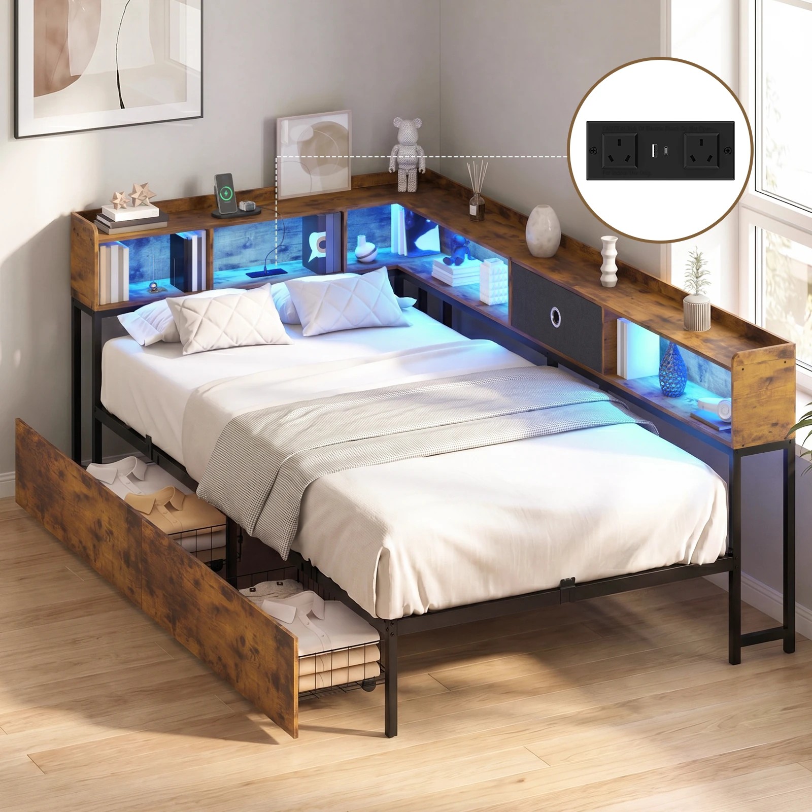 8 Advwin King Single Corner Bed Frame with Storage Drawers, Charging Station and LED Lights - Brown, 8 of 10