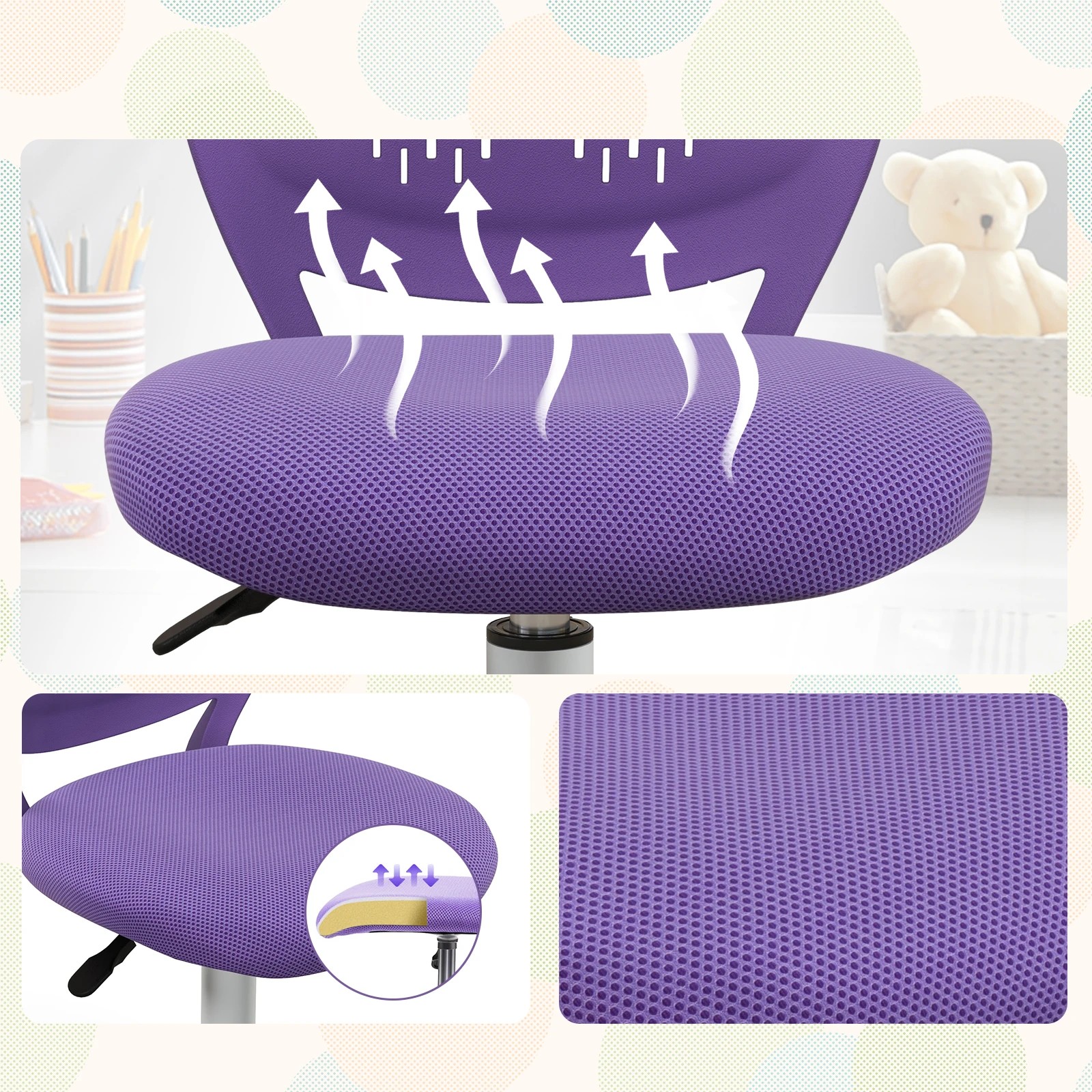 6 Costway Swivel Chair Teens Desk Chair w/Adjustable Height - Purple, 6 of 6