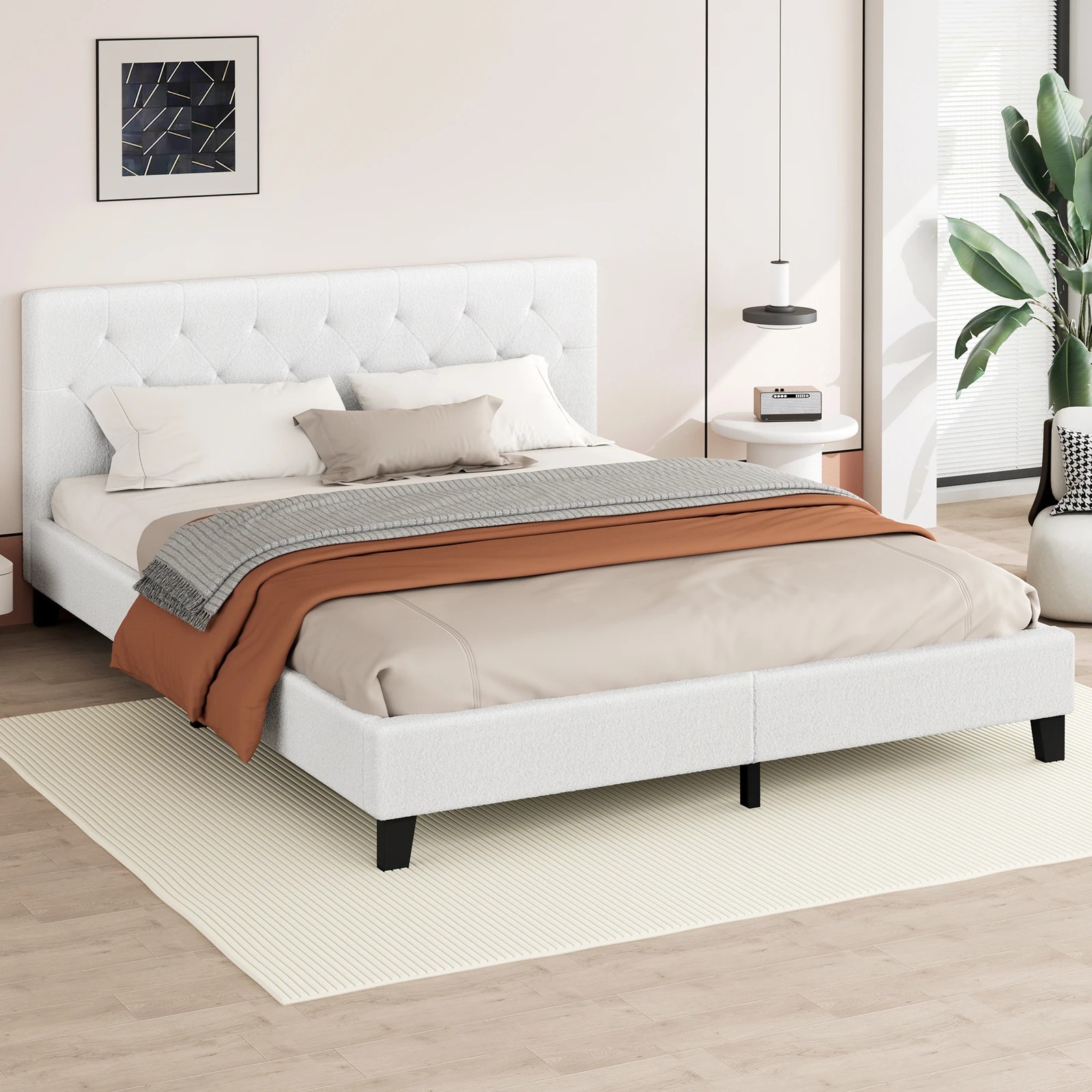 9 Alfordson Bed Frame King Size Wooden Base Platform Boucle Madelyn - White, 9 of 10