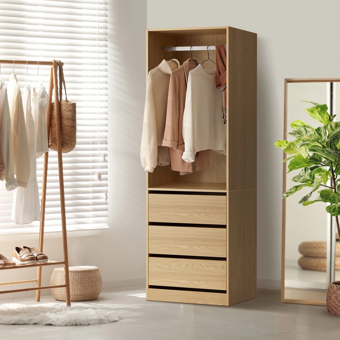 2 Oikiture Wardrobe Clothes Storage Organizer 3 Drawers Hanging Rail
 - Natural, 2 of 10