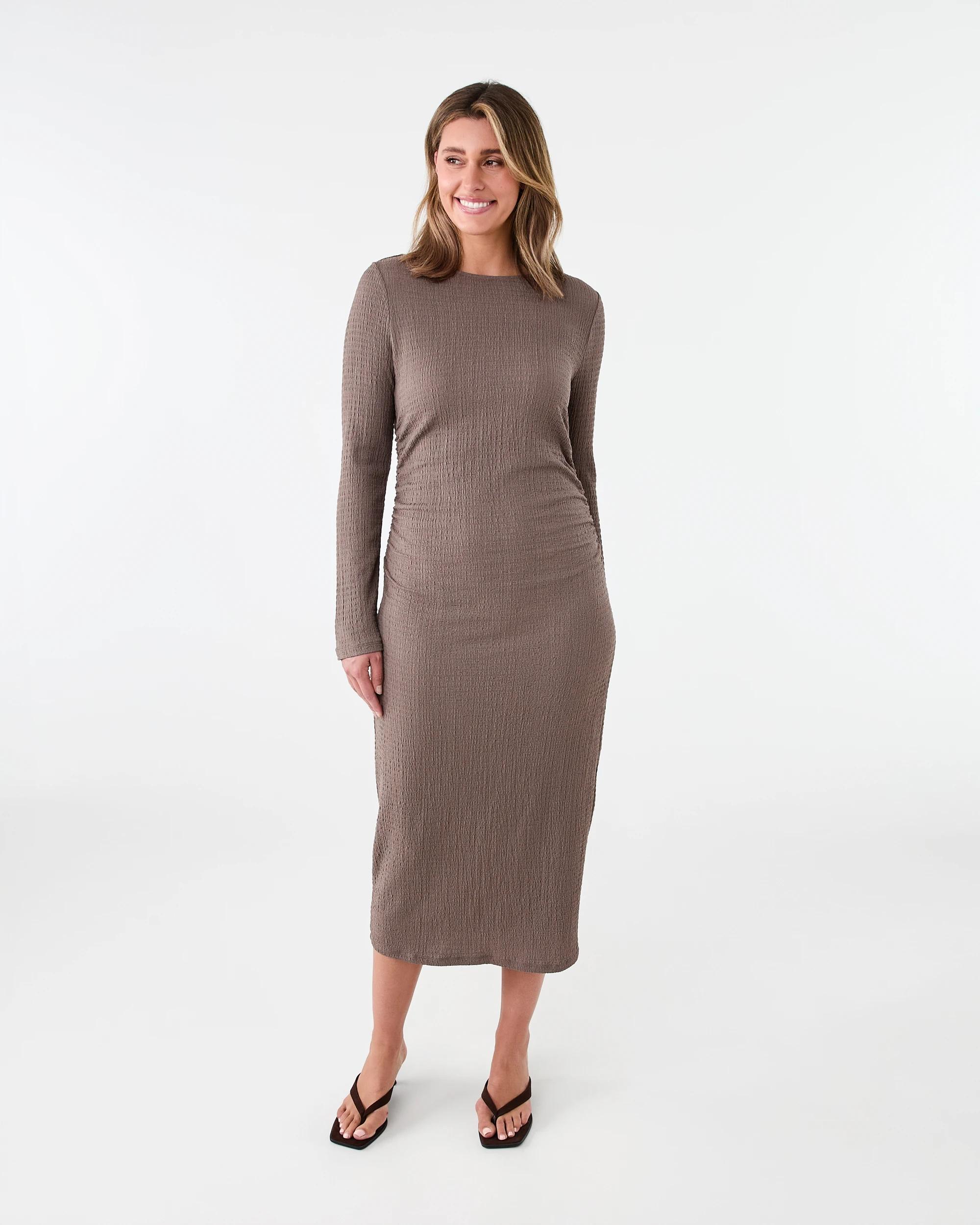 1 Long Sleeve Crinkle Ruched Midi Dress Taupe Brn, 1 of 7