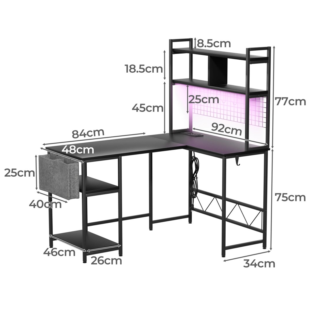 5 Levede L-shaped Led Computer Desk - Black, 5 of 6
